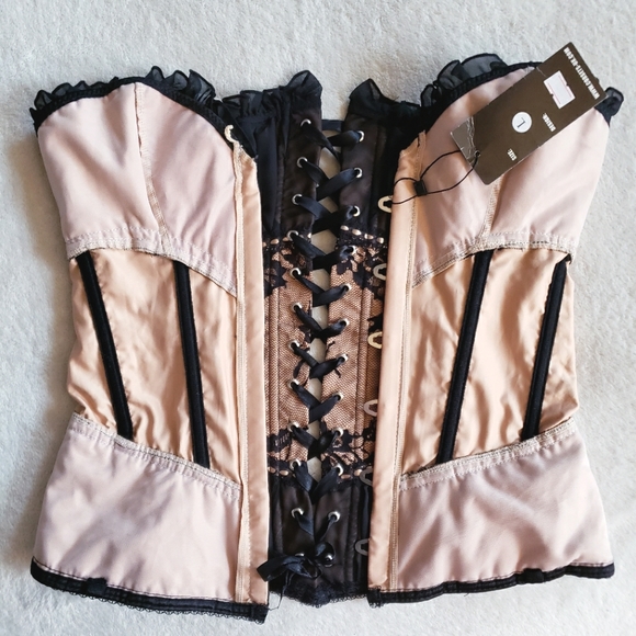 Tan Black Mesh Lace Overbust Corset Bustier Top Y2K vintage nwt - Picture 10 of 17